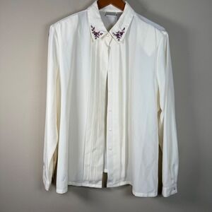 Koret Cream Button Down Shirt  Floral Embroidered Collar Size 18 Office Career